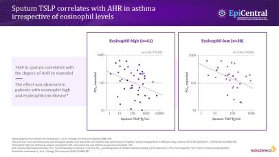 Slide with two scatter plots showing a correlation between sputum TSLP and AHR in asthma irrespective of eosinophil levels